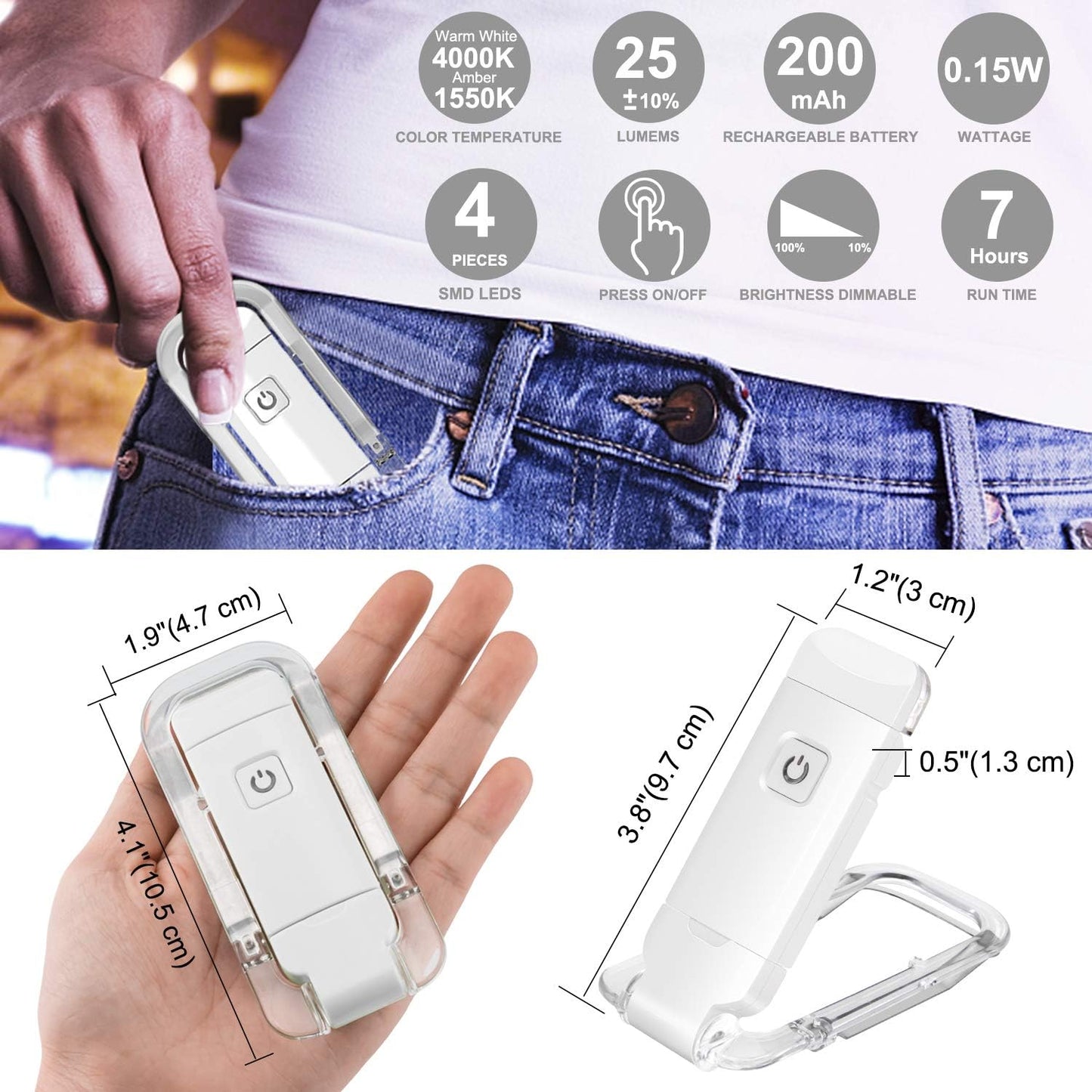 LUXSWAY USB Rechargeable Book Light for Reading,Small Book Reading Light in Bed,Clip On Bookmark Kids Light for Bed,Brightness Adjustable for Eye Care,2 4000K and 2 1550K LEDs for Bookworms