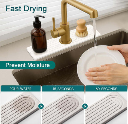 Faucet Mat for Kitchen Sink, Water Absorbing Stone Tray for Sink Counter, Quick-Dry Faucet Splash Guard & Drying Mat, Non-Slip Sink Protector