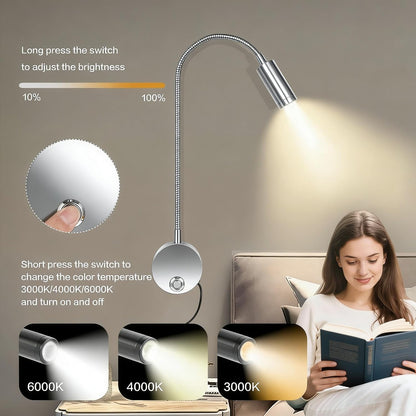 Reading Light for Bed, Wall Mounted Reading Lights with 15" Flexible Gooseneck, Touch Control, 3 Colors Temperature and Stepless Dimmable, Plug in Headboard Book Light(2 Pack)