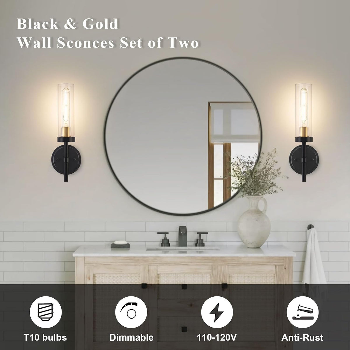 Wireless Wall Sconces with Remote Control, Battery Operated Wall Sconce Set of 2, Black & Gold Rechargeable Dimmable Wall Light for Bedroom Living room Bathroom Hallway Entryway Stairwell, 3000K