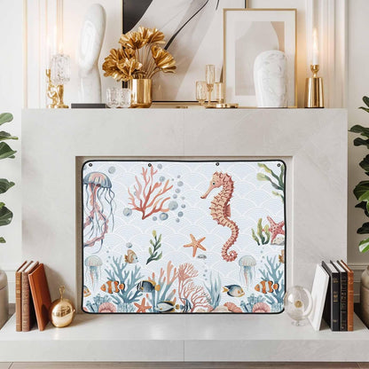 Magnetic Fireplace Cover Turtle Coral Starfish Fireplace Screen Decorative Shell Ocean Marine Life Insulation Fireplace Blocker Save Energy Fireplace Draft Stopper Covers for Living Room 39x32 Inch
