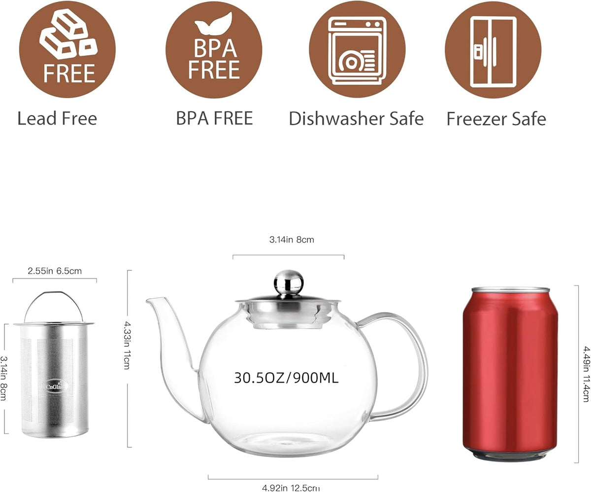 CNGLASS 40oz Glass Teapot with Removable Infuser,Clear Tea Kettle Stovetop Safe,Blooming and Loose Leaf Tea Maker Set