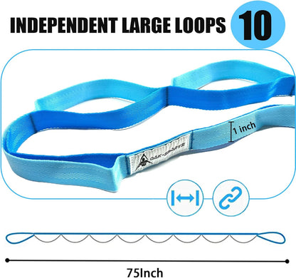 Stretching Strap Yoga Strap with Loops for Physical Therapy, Non-Elastic | 10 Loops, 75 inches length, Multi-Color Selection for Yoga Strap for Stretching, Pilates, Dance and Gymnastics