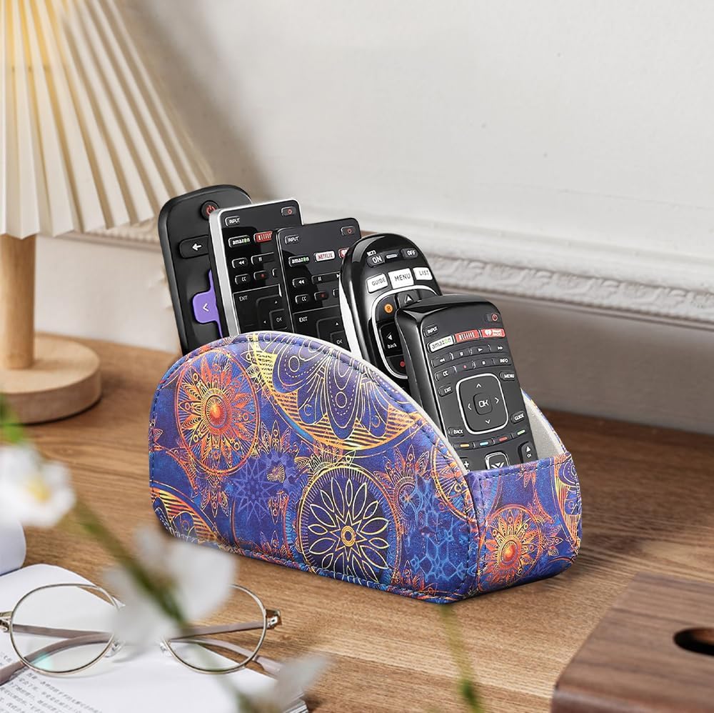 Pu Leather TV Remote Control Holder with 5 Compartments,Remote Caddy/Tray | Bedside Table Desk Storage Box/Organizer for Pen,DVD,Blu-Ray,Media Player,Heater Controller,Cosmetics,Glasses,Office Supplies