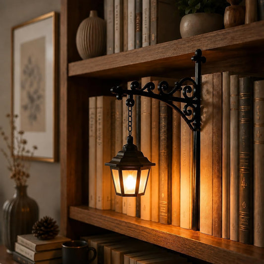 Library Lantern-Decorative Bookshelf Lighting, Mini Bookshelf Lamp Slides Between Books, Warm Amber LED Nook Light & Bookshelf Lantern for Book Nook, Shelf Decor Gift for Book Lovers(Classic Lantern)