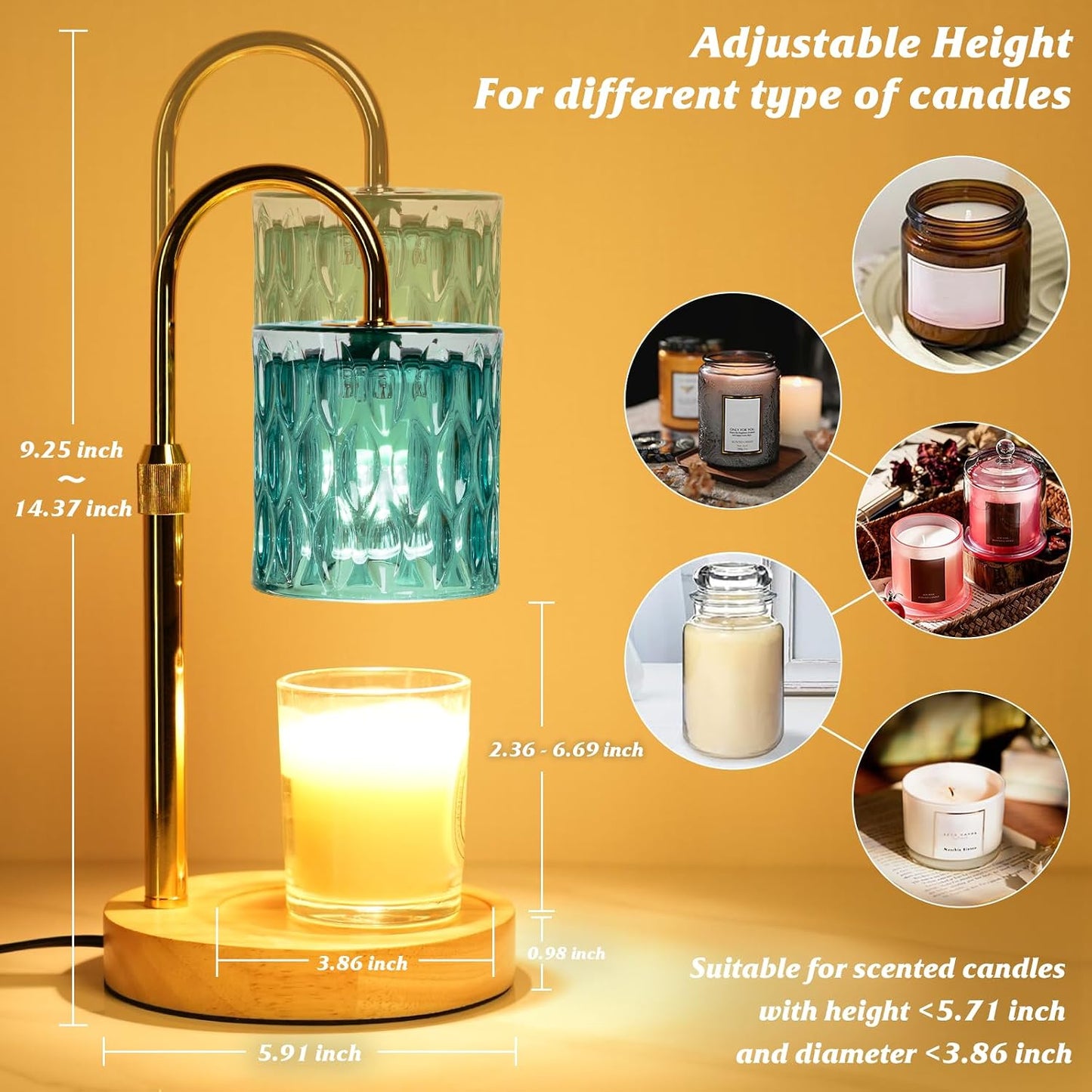 HAIDOLIANG Blue Candle Warmer Lamp with Timer and Dimmer | Height and Brightness Adjustable,Glass Electric Wax Warmer with 2 Bulbs for Women Gifts, Home Decor for Scented Jar Candles