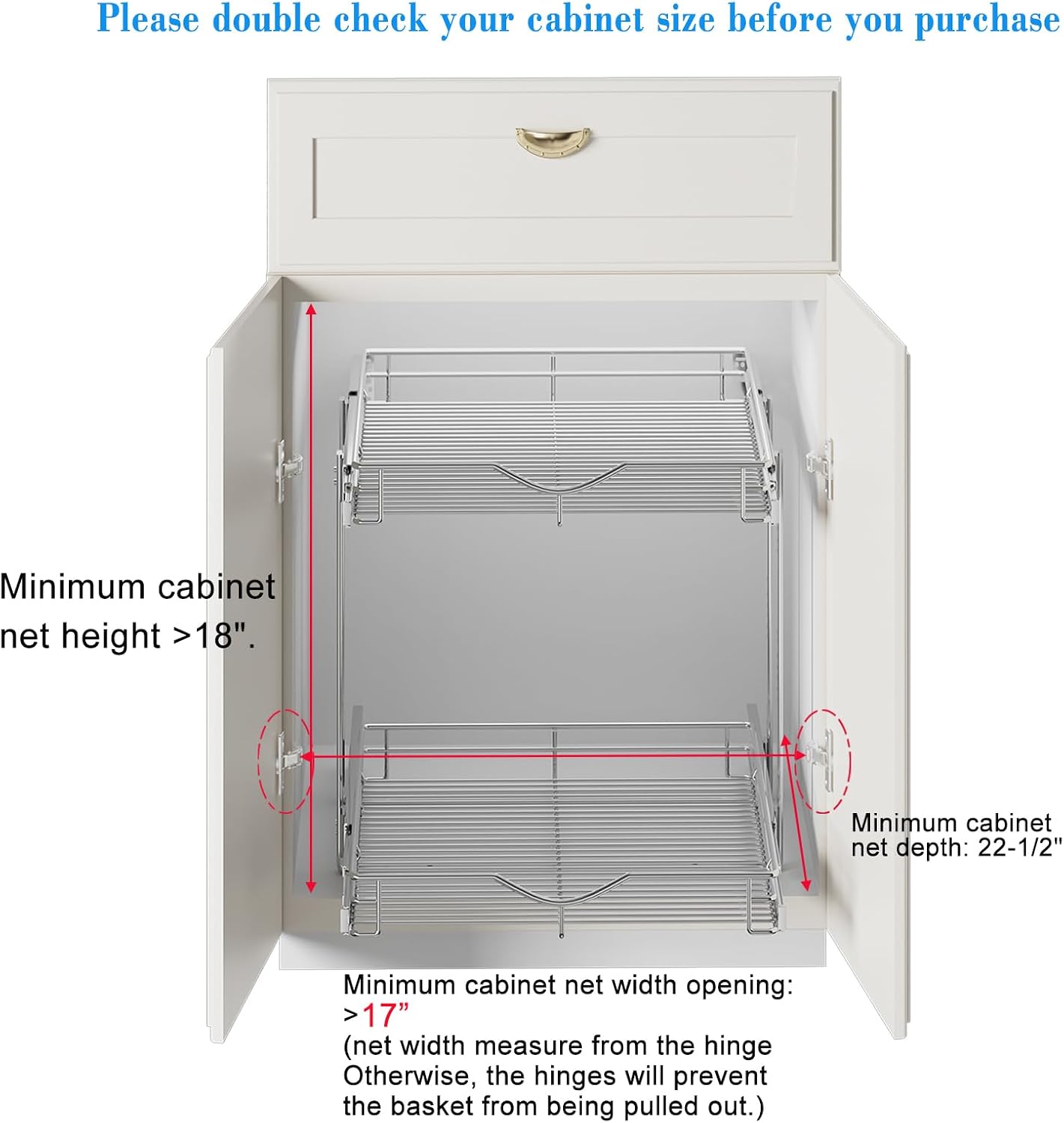 DINDON 2 Tier Pull Out Cabinet Organizer (20" W X 21" D), Double Tier Wire Basket Slide Out Shelf Storage for Kitchen Base Cabinet Organization for Kitchen, Pantry, Bathroom, Chrome