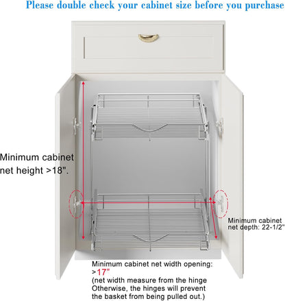 DINDON 2 Tier Pull Out Cabinet Organizer (20" W X 21" D), Double Tier Wire Basket Slide Out Shelf Storage for Kitchen Base Cabinet Organization for Kitchen, Pantry, Bathroom, Chrome