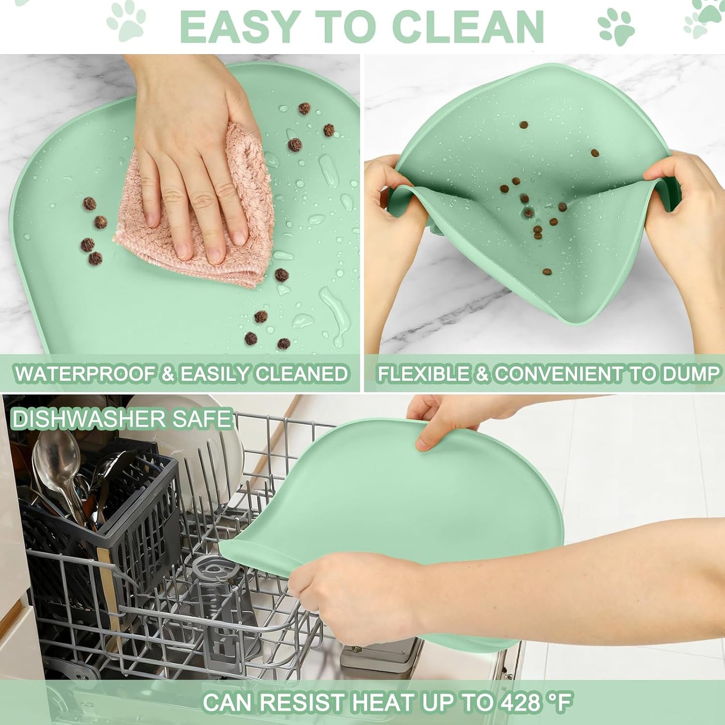 SMILOOL Waterproof Silicone Pet Food Mat with Raised Edge for Dog & Cat | 19" x 12" Non-Slip Pet Feeding Mats with Lip for Food & Water Bowl, Food Grade, Easy Cleaning, Black
