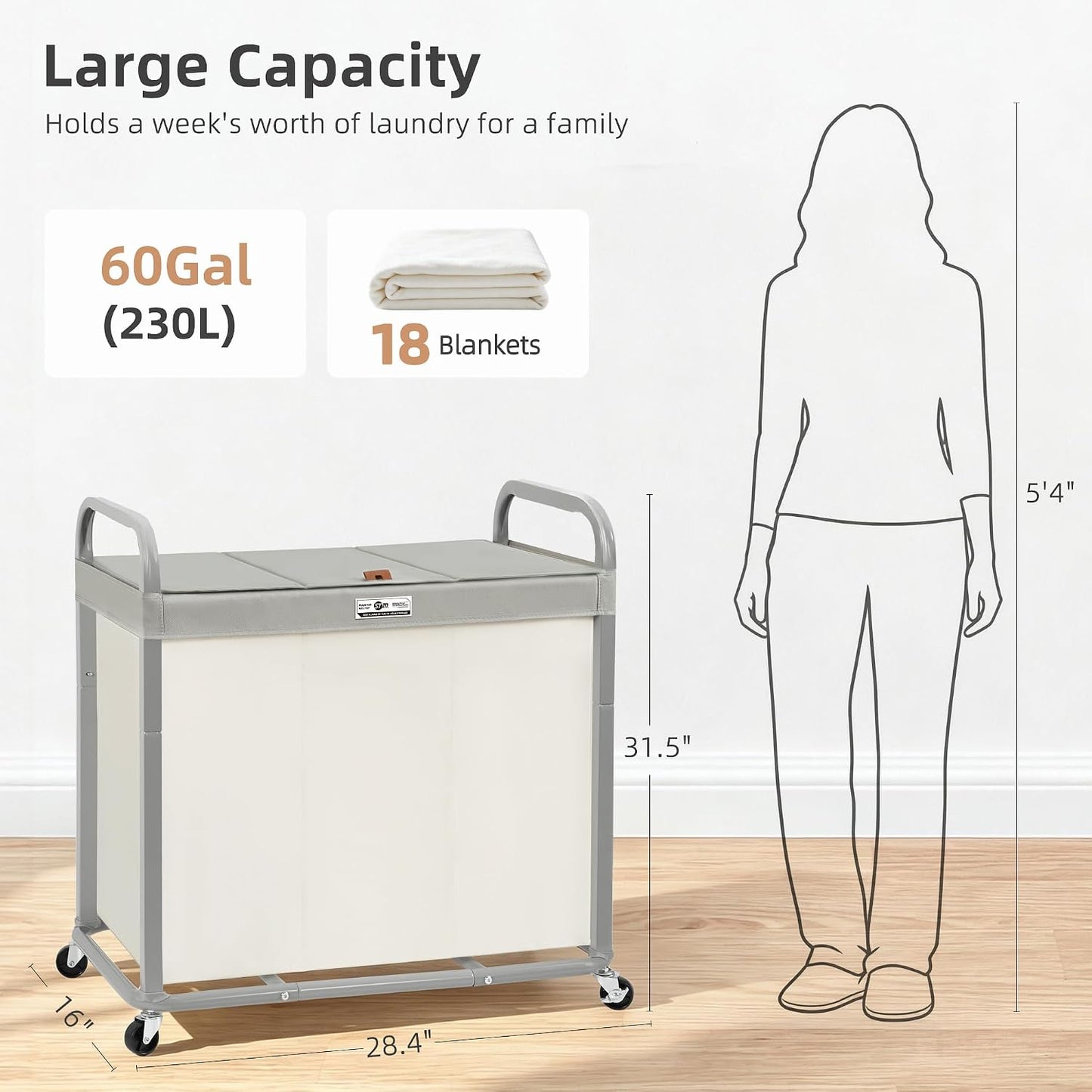 STORAGE MANIAC Laundry Hamper 3 Section with Lid Rolling Laundry Basket | 230L Laundry Sorter Cart 3 Compartment Clothes Hamper on Wheels Metal Handle Oxford Removable Bag Laundry Room Bedroom Beige
