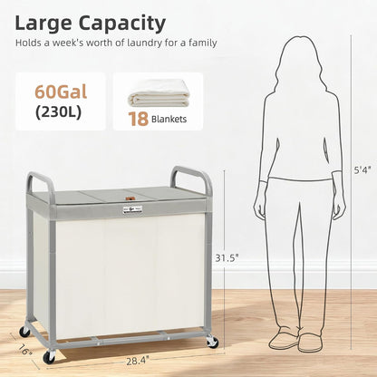 STORAGE MANIAC Laundry Hamper 3 Section with Lid Rolling Laundry Basket | 230L Laundry Sorter Cart 3 Compartment Clothes Hamper on Wheels Metal Handle Oxford Removable Bag Laundry Room Bedroom Beige
