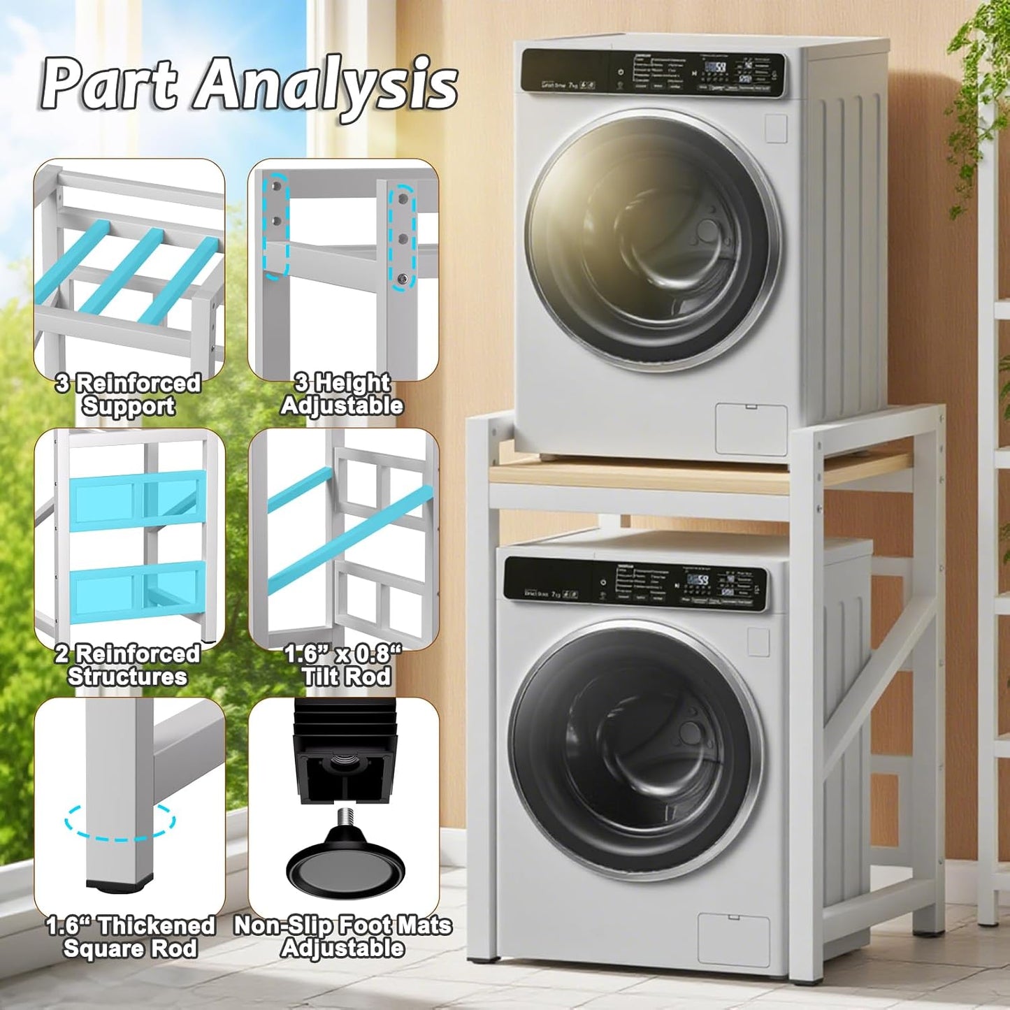 Over The Washer and Dryer Storage Shelf, Widen 29.5in & Height Adjustable | Space Saver Washer Dryer Stacking Rack Kit, 1.2mm Wall Thickness, 660lbs Capacity, for Laundry Room, Bathroom