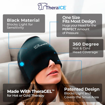 TheraICE Migraine Relief Cap, Headache Ice Pack for Tension Headache Relief | Cold Compress Eye Mask for Sinus Pressure, 360 Degree Compression Head Wrap, Hangover & Stress Relief
