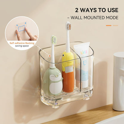 MOPMS Toothbrush Holders with Drainage for Bathrooms Countertop Organizer | 2 Slots Electric Toothbrush Holder Wall-Mount with Divider for Easy Clean, Tooth Brush and Toothpaste Holder for Bathroom