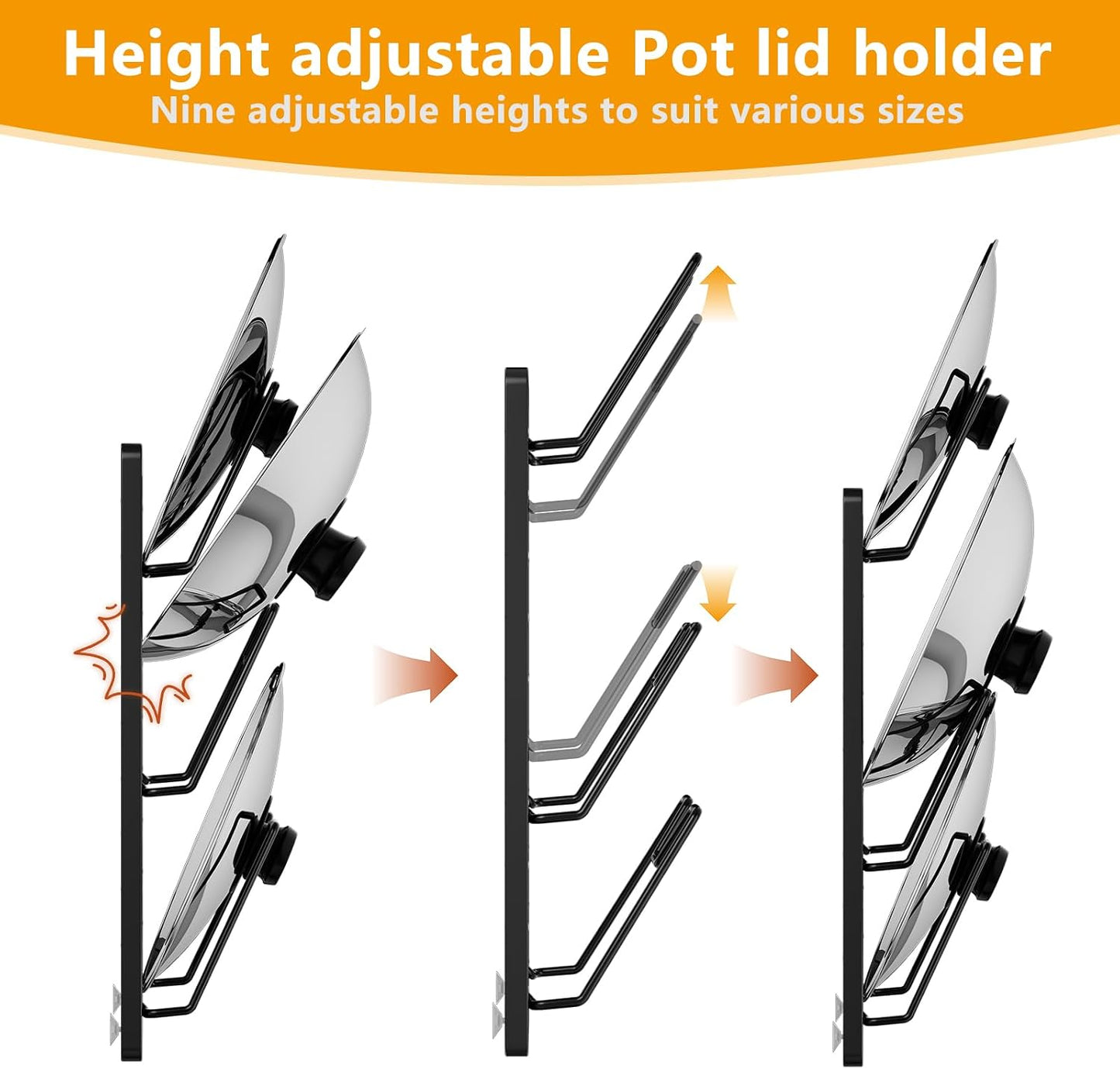 FEZHI pot lid organizer Rack, 3-tier adjustable and removable Pot Lids Holder for Kitchen Cabinet Door/Wall, No Drilling Adhesive Wall/Door Mounted Rustproof pots and pans organizer under cabinet.