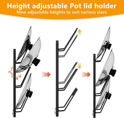 FEZHI pot lid organizer Rack, 3-tier adjustable and removable Pot Lids Holder for Kitchen Cabinet Door/Wall, No Drilling Adhesive Wall/Door Mounted Rustproof pots and pans organizer under cabinet.