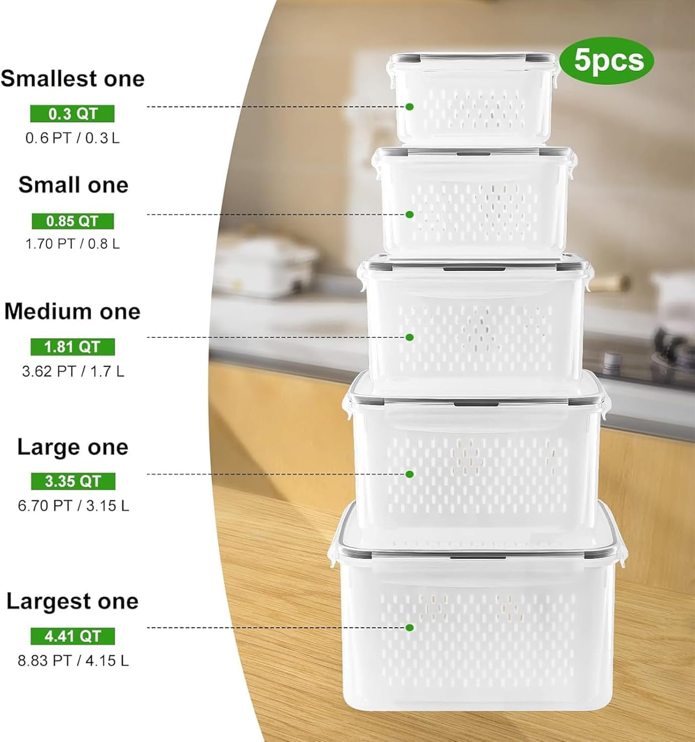 5 PCS Large Fruit storage Containers for Fridge ,Food Storage Containers | with Removable Colander Leakproof Dishwasher & Microwave safe Produce Containers Keep Fruits Vegetables Berry Fresh longer