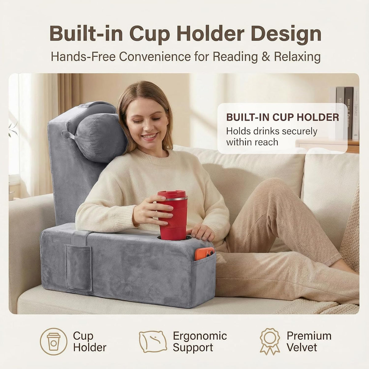 21 INCH Reading Pillow for Adults, Back Pillow for Bed Sitting Up, Backrest Pillow for Sitting in Bed, Detachable Arms with Built-in Cup & Phone Caddy (Gray, 21 INCH)