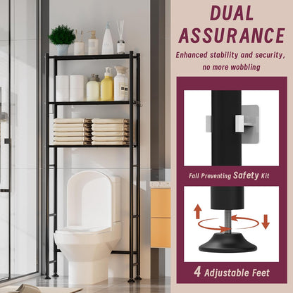 3-Tier Over The Toilet Storage Cabinet with Paper Holder and 4 Hooks, Metal Over Toilet Bathroom Organizer and Storage Shelf, Bathroom Shelves for Living Room/Laundry/Balcony(Black)