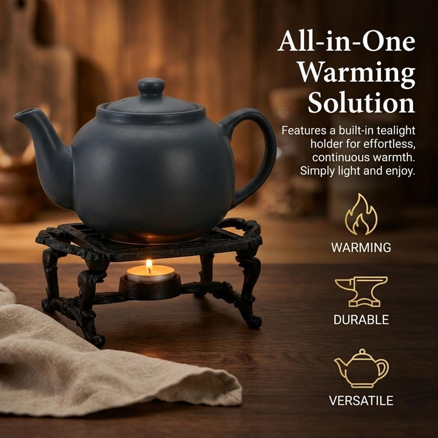Cast Iron Teapot Warmer | Heavy-duty Teapot Heater with Tealight Holder, Handle, Kettle Stand Coffee Cup Base for Heating Milk, Food, Tea, Soup