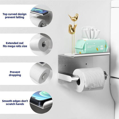GLNLQ Matte Black Toilet Paper Holder with Shelf, Fits Mega Rolls Size | Adhesive or Screw-in, Waterproof and Rustproof Stainless Steel, Wall Mount Design, Modern Stylish Design, for Bathroom, RV