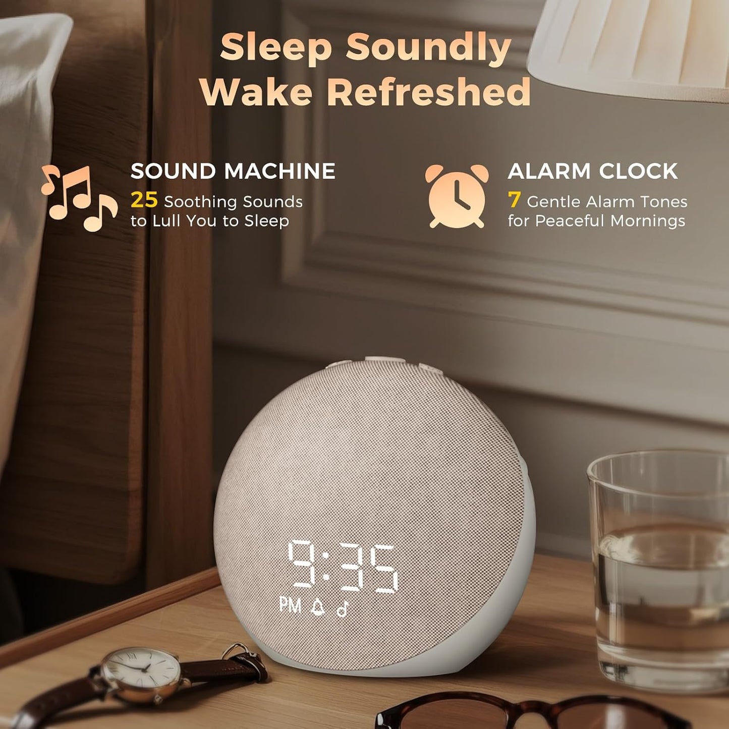 Sound Machine Alarm Clock for Bedroom: 25 Natural Sleep Sounds | White Noise Machine for Adults Kids Baby - Gentle Wake Up Alarm with Bluetooth Speaker - Putty