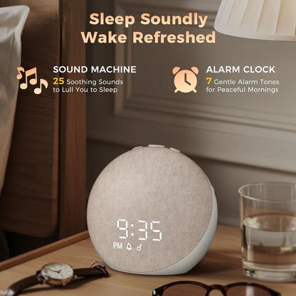 Sound Machine Alarm Clock for Bedroom: 25 Natural Sleep Sounds | White Noise Machine for Adults Kids Baby - Gentle Wake Up Alarm with Bluetooth Speaker - Putty