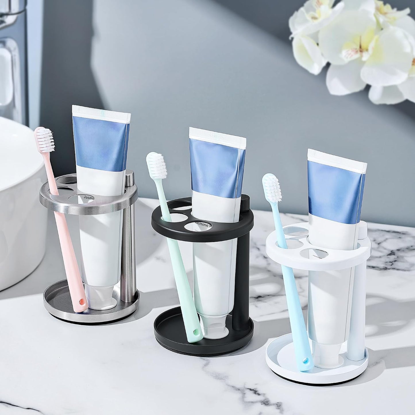 Toothbrush & Toothpaste Holder for Bathroom Countertop, Metal Electric Toothbrush Stand with Razor Slot, Ideal Design Caddy for Kids & Family, Black