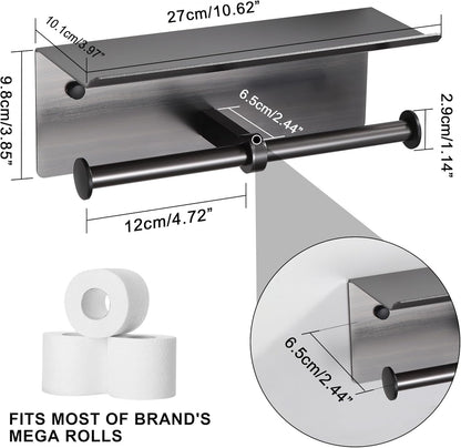 Black Toilet Paper Roll Holder with Shelf Wall Mounted for Bathroom (Black, Double Head)