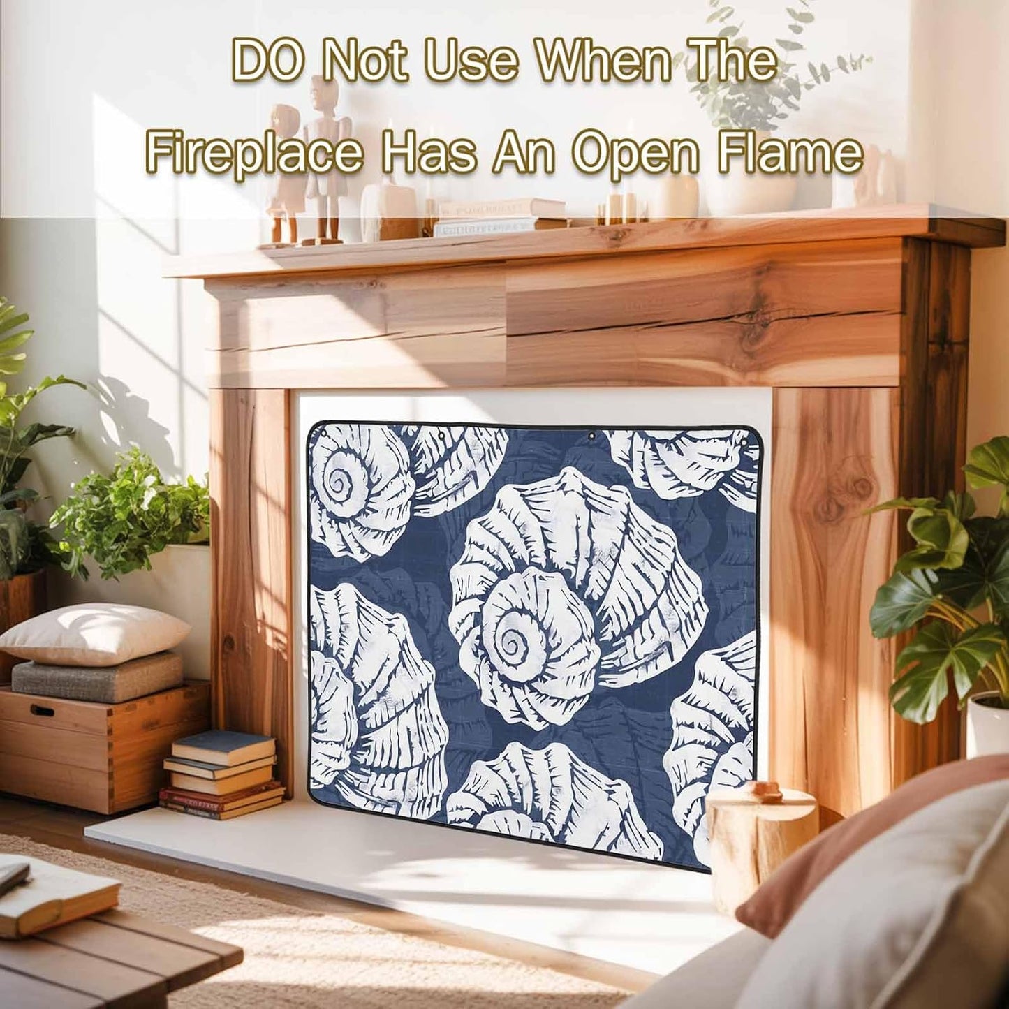 Magnetic Fireplace Cover Navy Blue Coastal Shells Fireplace Screen Decorative Ocean Conch Marine Life Insulation Fireplace Blocker Save Energy Fireplace Draft Stopper Covers for Living Room 36x30 Inch