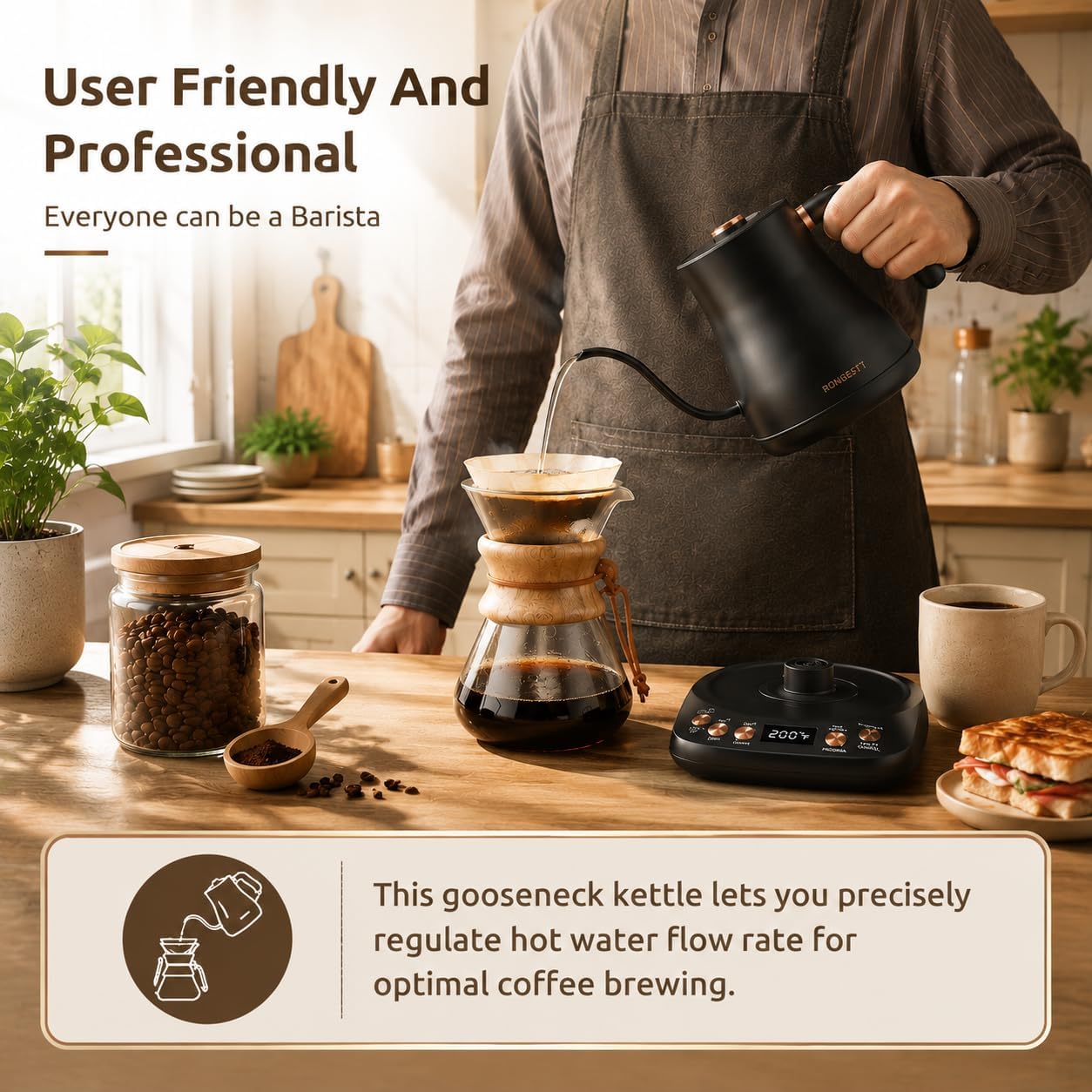 RONGBEST Electric Gooseneck Kettle 1L, 6 Temperature Control Presets, 1200W Quick Heating Water Pour Over Coffee & Tea Pot with Auto Shut-off & Keep-warm, Stainless Steel Inner & Lid, Matte Black