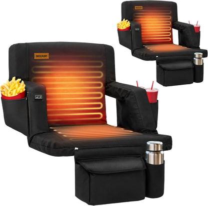 Overmont Heated Wide Stadium Seats 2 Pack, Dual-Zone Heat | 3 Heat Levels with Independent Control, 6 Recline Positions, Soft Cushion, Hooks and Pockets for Sport Camping Concerts