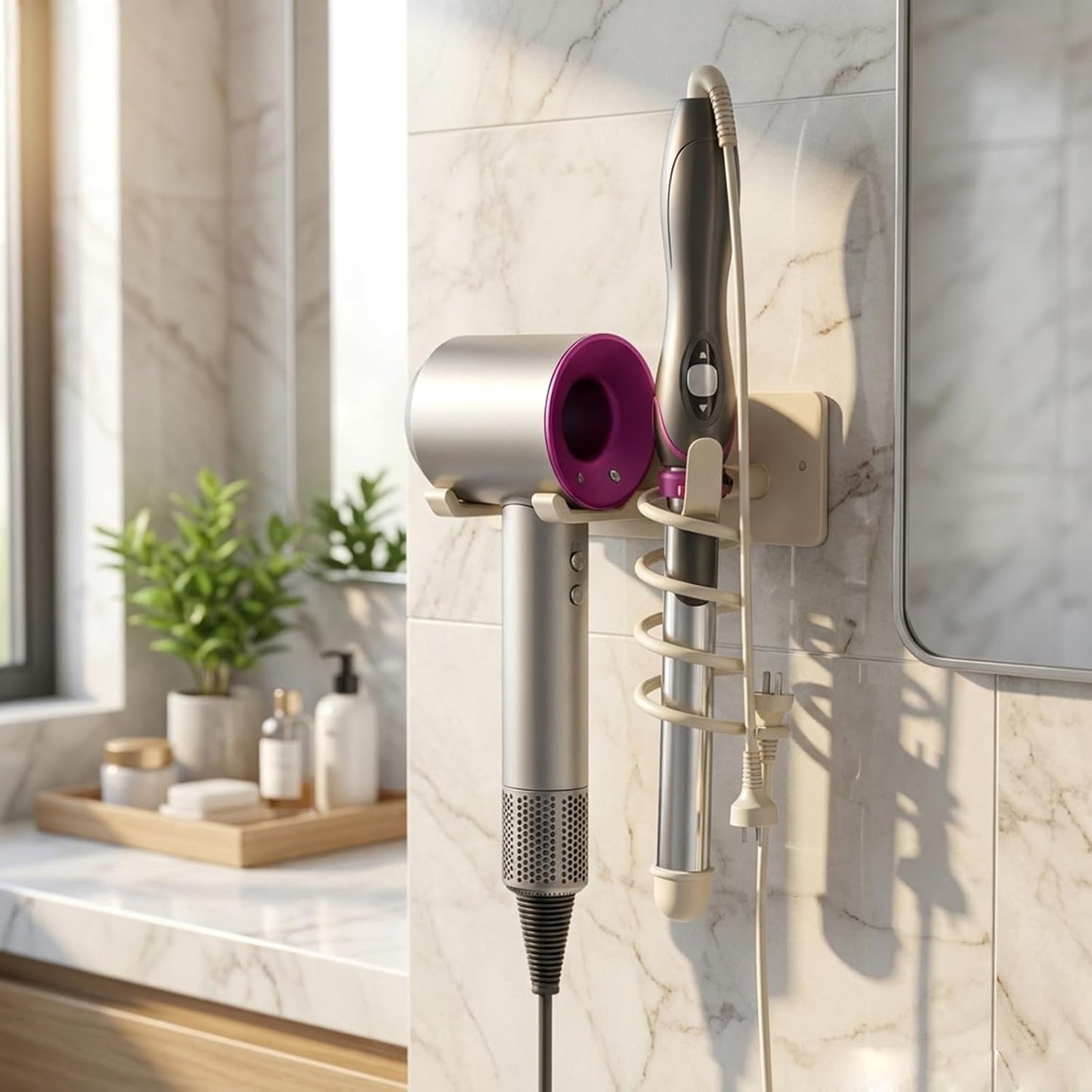 Universal Hair Dryer Holder, Self Adhesive Wall Mount, White | Universal storage rack fits most brand blow dryers, ideal for bathroom organization