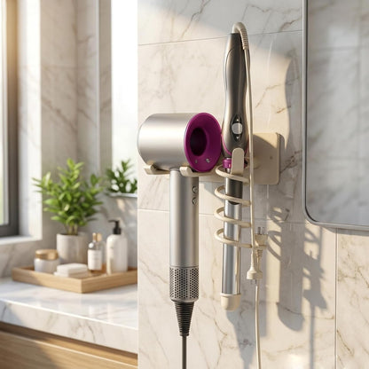 Universal Hair Dryer Holder, Self Adhesive Wall Mount, White | Universal storage rack fits most brand blow dryers, ideal for bathroom organization