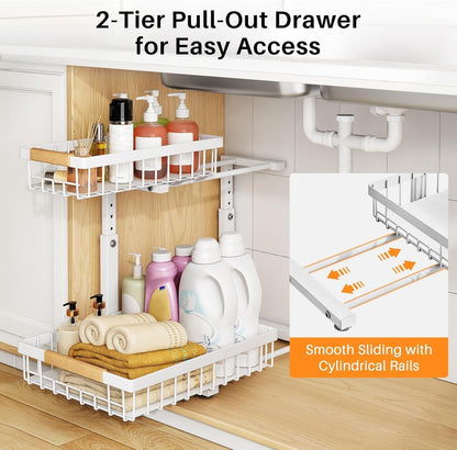PXRACK Under Sink Organizer, Adjustable Height, 2 Tier Pull Out Under Cabinet Organizer, Slide Out Thickened Metal Under Sink Storage for Kitchen Bathroom Laundry Pantry Cabinet, White, Large-2-Pack