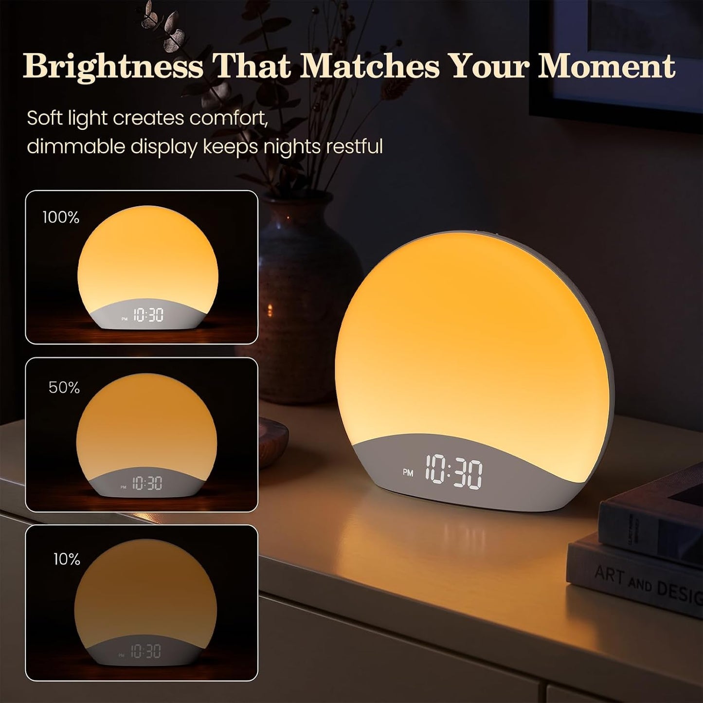 REACHER Wood Grain Sunrise Alarm Clock and Sound Machine Nightlight, Digital Dimmable Clock for Bedroom, 26 Sleep Sounds, White Noise Machine for Baby, Adults, Wake Up Light Alarm Clock for Kids | Digital Dimmable Clock for Bedroom, 26 Sleep Sounds,