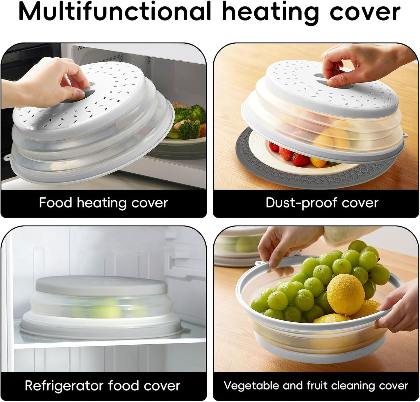 10.6“ Collapsible Microwave Splatter Cover for Food & Silicone Microwave Mat, Mat as Bowl Holder, Trivet, Pot Holders, Baking, Utensils Rest for Kitchen Counter, Dishwasher Safe (Grey)