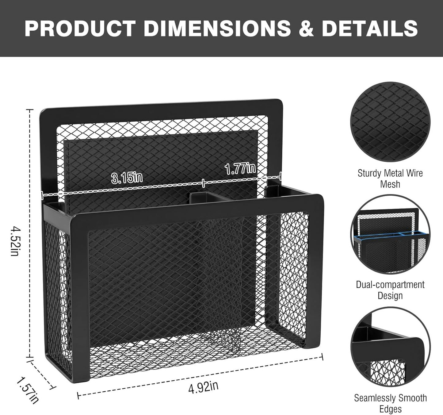 MoKo Magnetic Pen Holder, 2-Pack Mesh Organizer, Black | Magnetic marker holder has two compartments and an iron mesh body for refrigerators, whiteboards and cabinets.