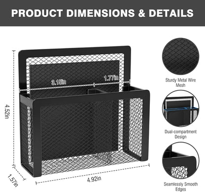 MoKo Magnetic Pen Holder, 2-Pack Mesh Organizer, Black | Magnetic marker holder has two compartments and an iron mesh body for refrigerators, whiteboards and cabinets.