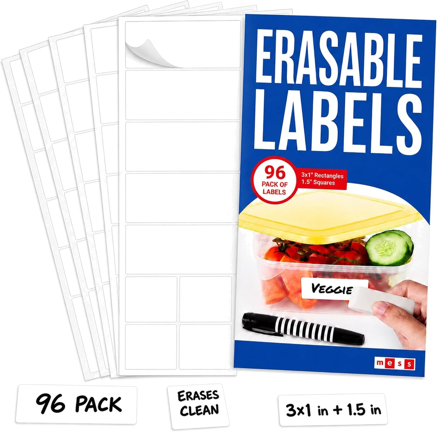 MESS Erasable Kitchen Labels, 96-Pack (1x3 & 1.5") - Reusable Labels for Food Containers - White Dry Erase Stickers for Pantry, Jars, Food Containers, Fridge & Freezer