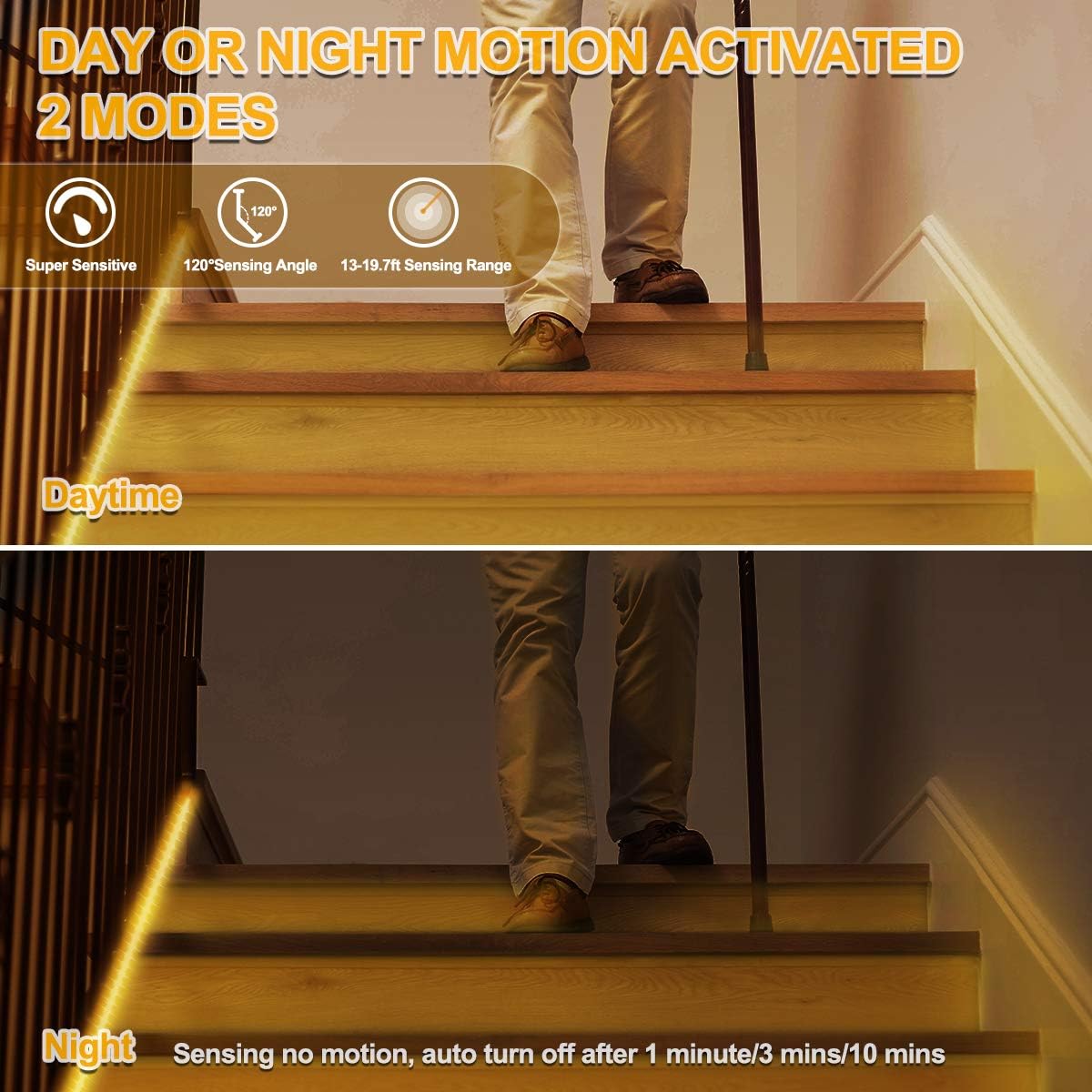 Motion Activated LED Strip Lights,RGH LIGHTING 16.4ft LED Light Strip with Day or Night 2 Lighting Modes,3 Timing Off Modes,Cozy Warm White 12v Plug-in LED Rope Lights for Under Cabinet,Kitchen,Stair