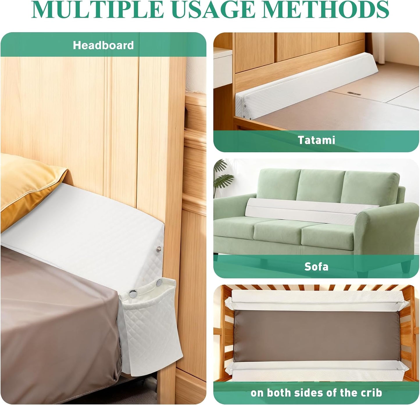 JZHLLA Foldable Pillow Wedge for Headboard Gap 76x6x6in White Cotton Bed Gap Filler with Snap-on Storage Bags Adjustable Pillow Wedge for Headboard Gap
