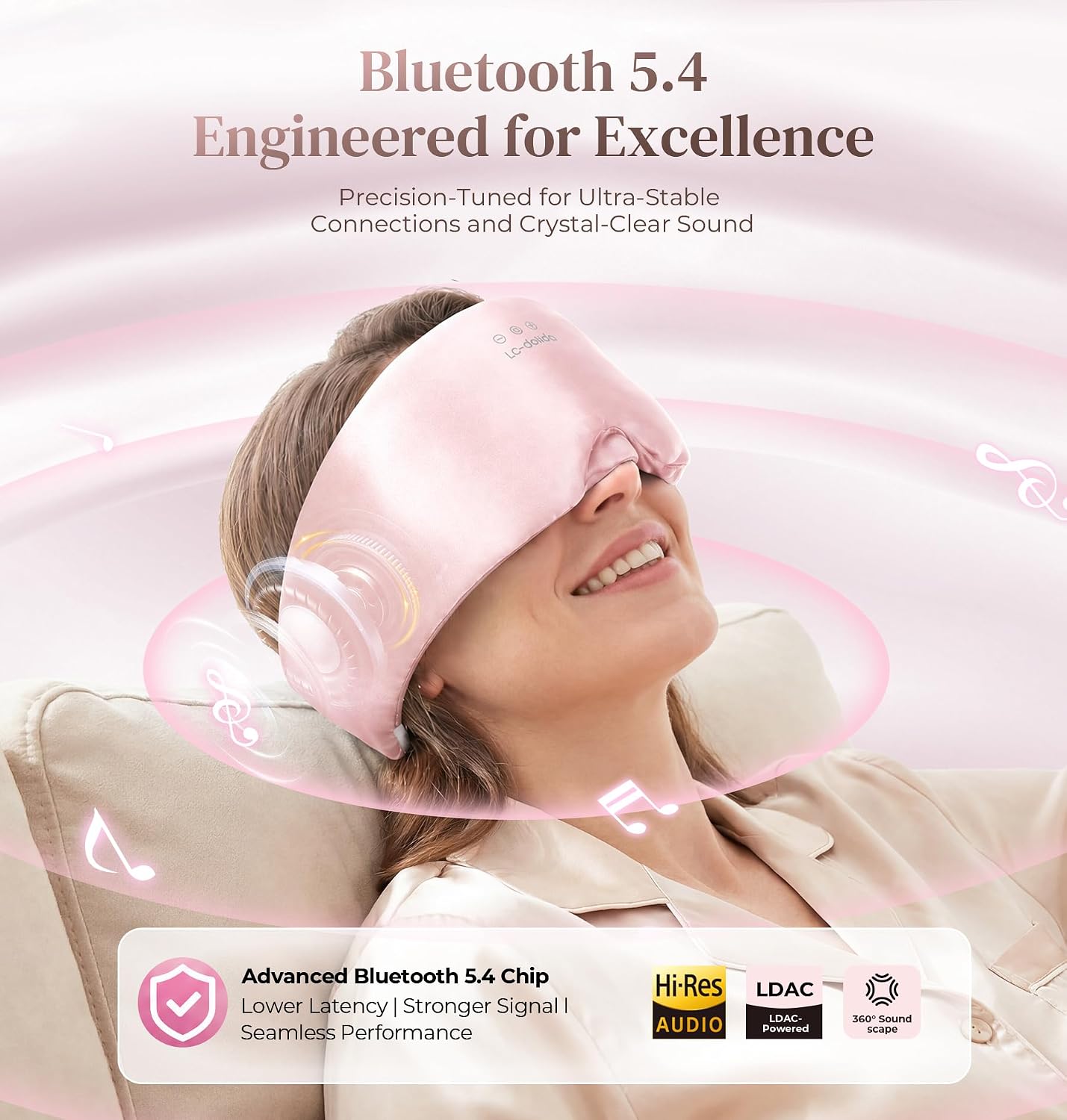 LC-dolida 3D Silk Bluetooth Sleep Mask, Mulberry Silk Sleep Mask with Bluetooth Headphones, Bluetooth Eye Sleep Mask for Side Sleepers, Total Blackout Bluetooth Eye Mask for Women Men, Black