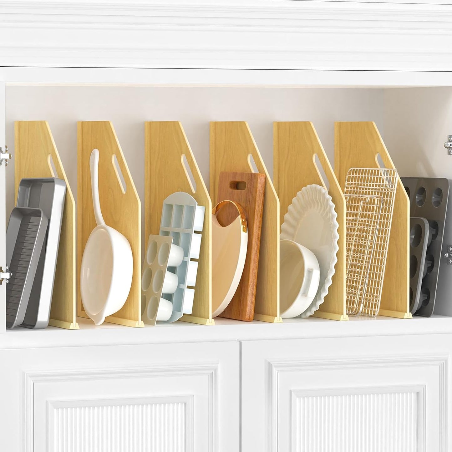 4 Pack Wood Tray Dividers for Cabinet, Cookie Sheet Organizer for Cabinet | No cutting required, Premium Wood, 2 Assembly Methods, Kitchen Cabinet Dividers for Storing pans, Baking tray, Cutting Board