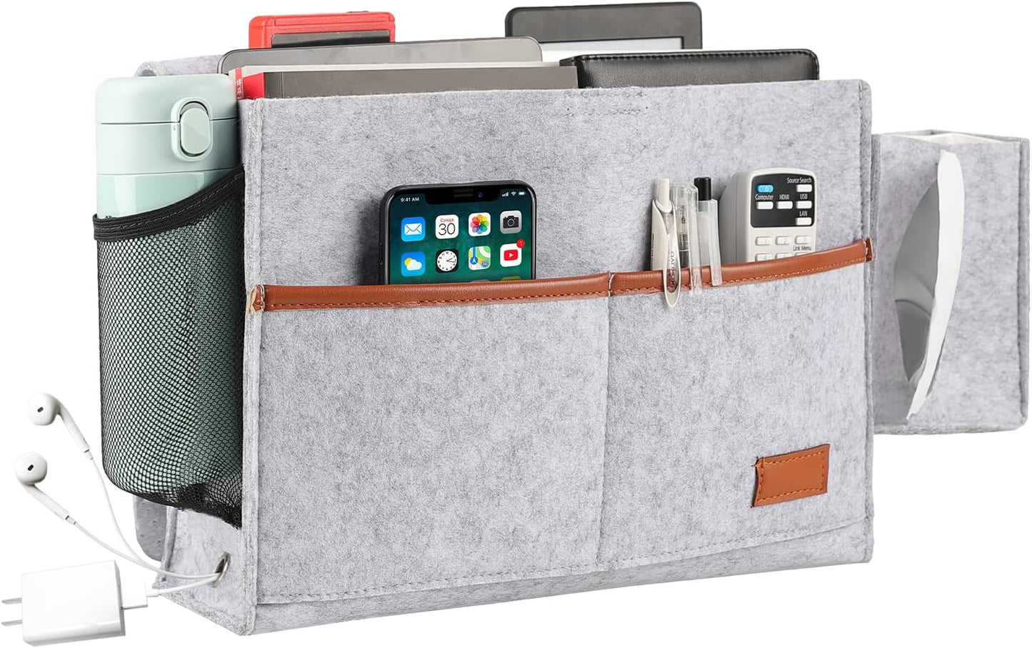 Surblue Bedside Caddy Felt Storage Organizer Hanging Bag with Tissue Box and Water Bottle Pocket for Mattress, Sofa, Bunk Bed, Dark Gray