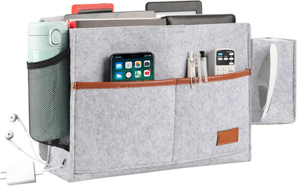 Surblue Bedside Caddy Felt Storage Organizer Hanging Bag with Tissue Box and Water Bottle Pocket for Mattress, Sofa, Bunk Bed, Dark Gray