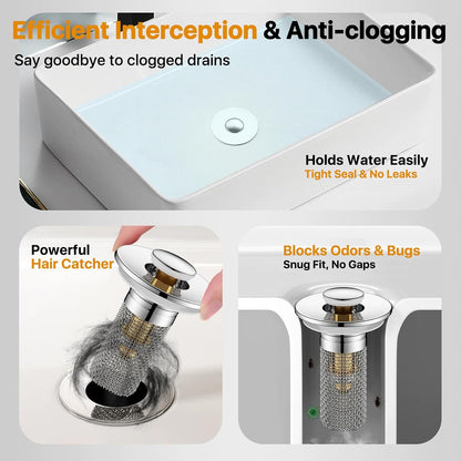 2PCS Bathroom Sink Stopper Hair Catcher, Pop Up Sink Drain Stopper with Strainer & Filter, Universal Drain Plug for Sink Drain & Replacement, Sink Drain Cover with Basket for Bathroom Stopper