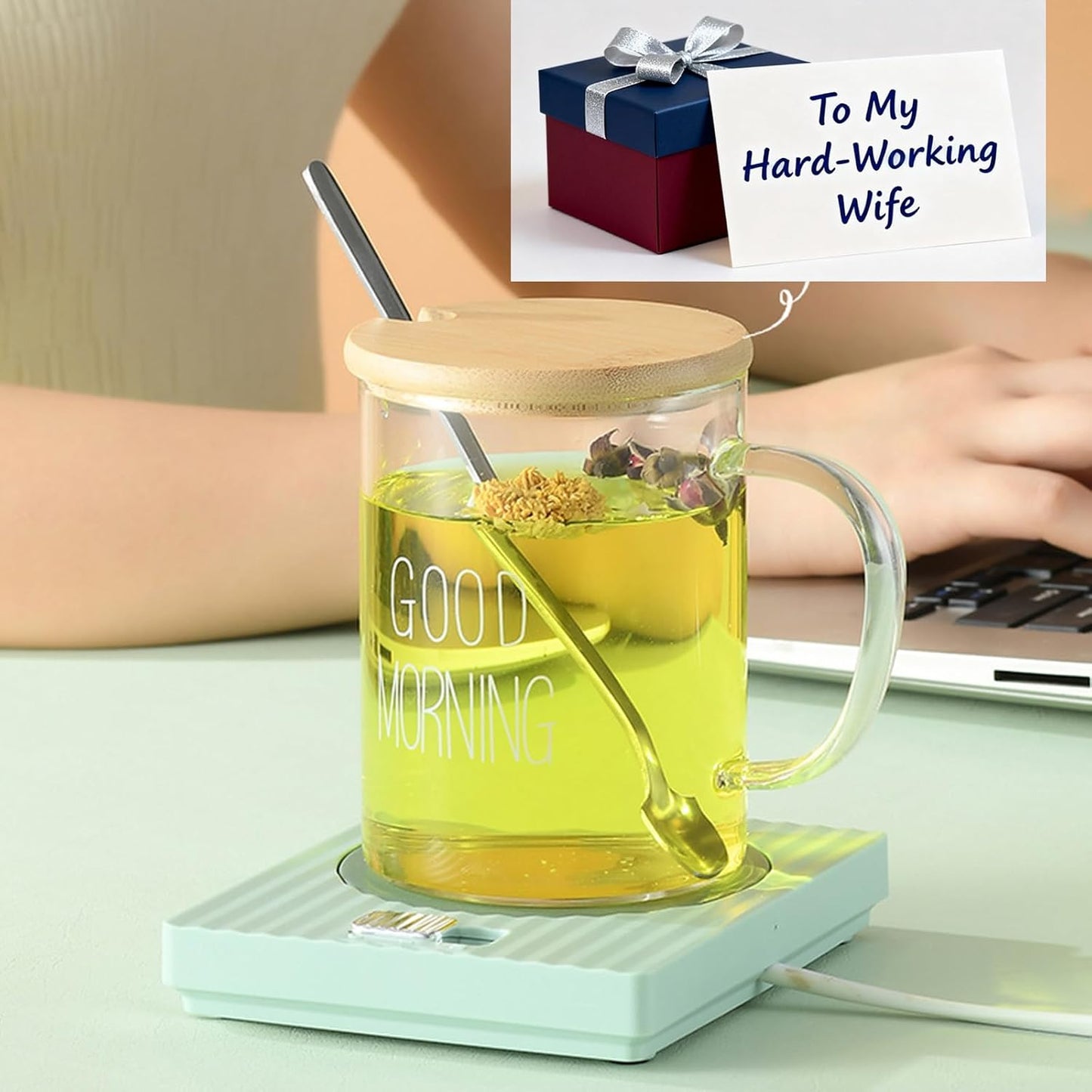 Desk Coffee Mug Warmer for Office: Compatible with All Cup for Career Women | 13W 2-Temp Adjustable Electric Heated Coaster Tea Cup Hot Plate - Gifts for Wife (Wood Grain Color)