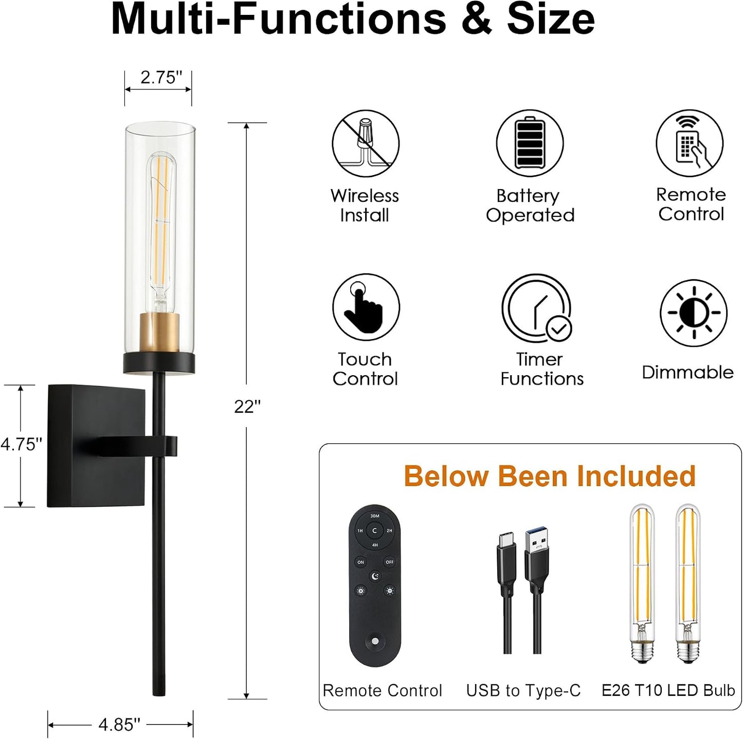 Wireless Wall Sconces with Remote Control, Battery Operated Wall Sconce Set of 2, Black & Gold Rechargeable Dimmable Wall Light for Bedroom Living room Bathroom Hallway Entryway Stairwell, 3000K