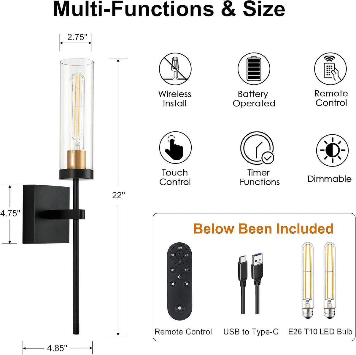 Wireless Wall Sconces with Remote Control, Battery Operated Wall Sconce Set of 2, Black & Gold Rechargeable Dimmable Wall Light for Bedroom Living room Bathroom Hallway Entryway Stairwell, 3000K